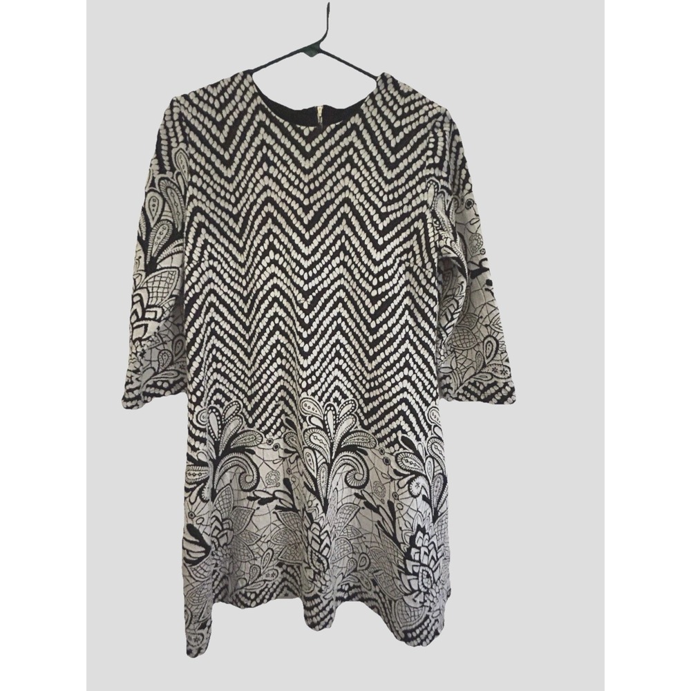 MSK Women's Large - Floral Paisley Chevron Dress Black White  3/4 Sleeves